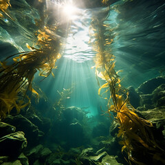 Underwater scene looking up to the surface with kelp. Sun shining through the water.