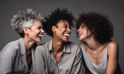Fototapeta premium women laughing smiling on a grey background, in the style of vibrant colorism, white background, energetic and bold