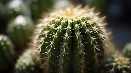 close up of cactus in a pot, shallow depth of field. Cactus. Potted Plant Concept with Copy Space.