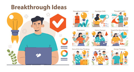 Breakthrough idea set. Inovative idea or creative solution discovery. Disruptive