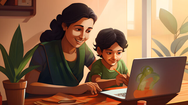 Indian woman and child engaged in home-schooling, using a laptop for interactive learning, showcasing a modern, educational lifestyle
