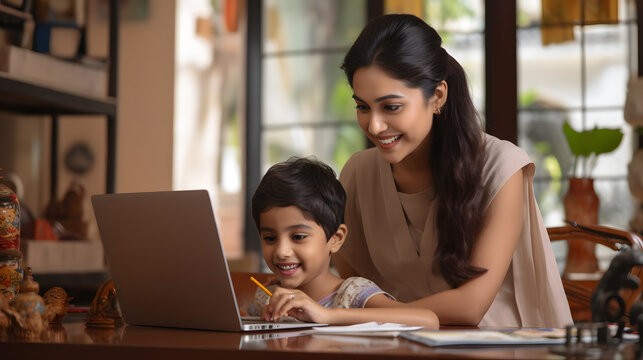 Indian woman and child engaged in home-schooling, using a laptop for interactive learning, showcasing a modern, educational lifestyle
 - Powered by Adobe