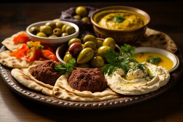 A delectable Arabic meze platter with dolma, falafel, hummus, olives, pickles, and pita bread. Generative AI