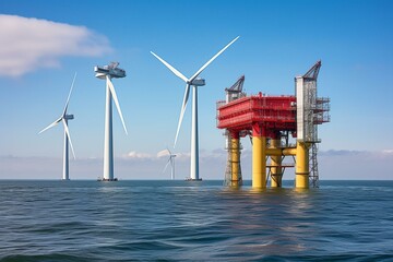 Offshore wind turbine with monopile foundation and maintenance platform in Noordoostpolder wind farm in Ijsselmeer, Flevoland, Netherlands. Generative AI