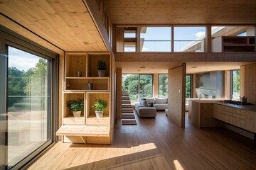Beautiful unfinished prefab wooden home interior. Keywords: close-up, stunning, incomplete, prefab, wood, home, interior. Generative AI - obrazy, fototapety, plakaty