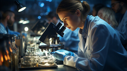 Scientist doctor scholar work under microscope