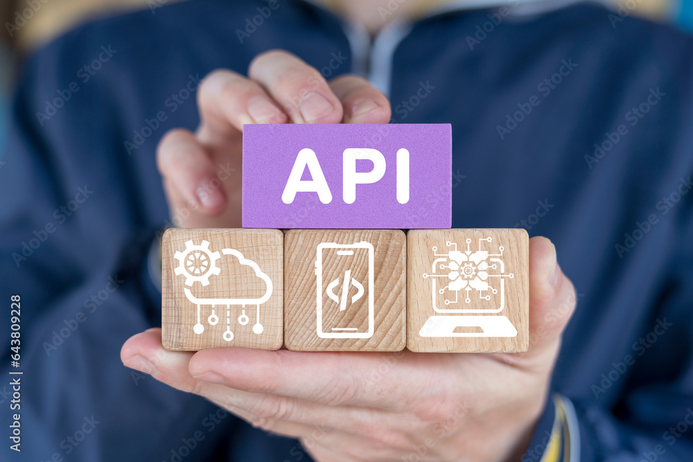 Poster man holding colorful blocks sees acronym: api. business, internet and technology concept of 