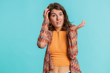 I dont know what to say. Confused Caucasian woman feeling embarrassed about ambiguous question,...