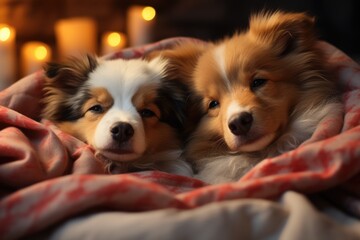  Two cute puppies sitting together under a blanket on bed at home. Border collie or sheltie breed. Beautiful little dogs. Pets family. Love, Valentines day concept