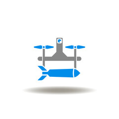 Vector illustration of military drone with bomb or rocket. Icon of unmanned modern bombing technology. Symbol of smart small aviation.
