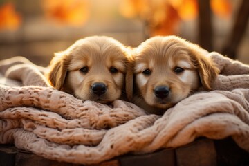  Two cute puppies sitting together under a blanket in autumn park. Golden retriever breed. Beautiful little dogs. Pets family. Homeless animals, shelter concept