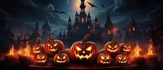 Fotobehang Happy Halloween background spooky scene, creepy dark night with jack o lantern pumpkins spooky ghosts horror gothic evil mysterious night haunted haloween house backdrop. © Synthetica