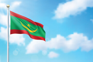 Waving flag of Mauritania on sky background. Template for independence