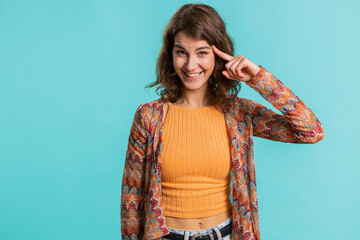 You are crazy, out of mind. Displeased woman pointing at camera, show stupid gesture finger near...