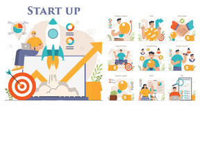 Startup concept set. New business launching. Entrepreneur present a project