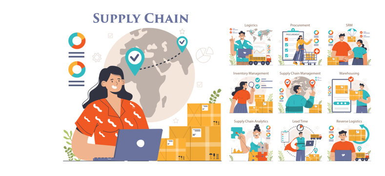 Supply chain set. International logistics and cargo delivery. B2B supply