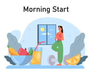 Female character daily morning routine. Everyday lifestyle, woman having