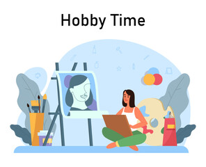 Female artist sitting at the easel and painting. Young painter with palette