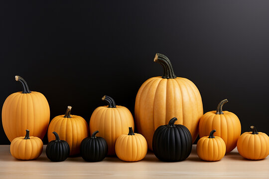 Fall pumpkin decorations. Modern holiday mockup on black background created with Generative Ai technology.