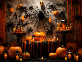 Halloween decorations with pumpkins, candles, food and spiders