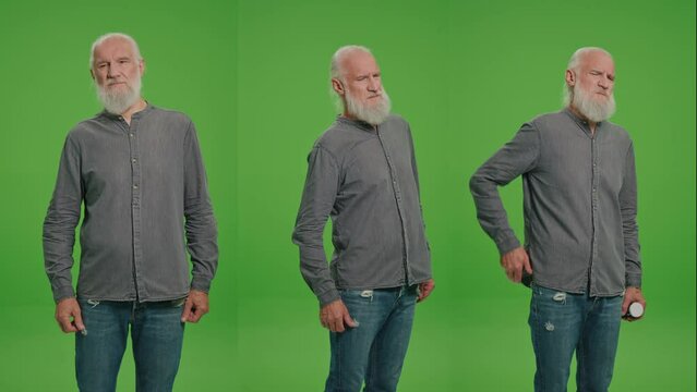 3-in-1 Split Green Screen Montage. An Old Man Has a Backache. An Elderly Man Feeling Sick, Having Painful Back Feelings and He Chooses Pills. Support for Chronic Diseases.