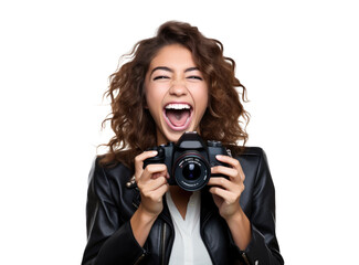 laughing photographer woman with camera in hands - obrazy, fototapety, plakaty