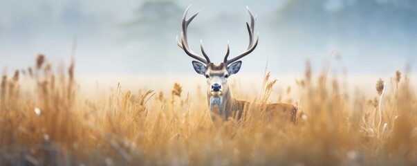 Banner with red deer stag in the autumn field. Noble deer male. Beautiful animal in the nature habitat. Wildlife scene from the wild nature landscape. Wallpaper, beautiful fall background - obrazy, fototapety, plakaty