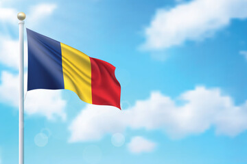 Waving flag of Romania on sky background. Template for independence