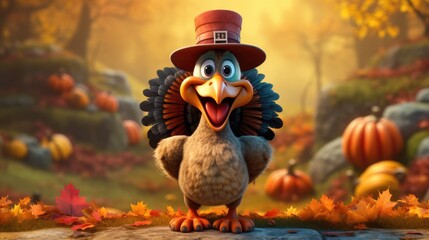 Thanksgiving turkey in funny cartoon style. Happy bird - 643810491