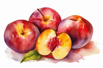 Fototapeta na wymiar Nectarines painted with watercolors on a white background. Generative AI