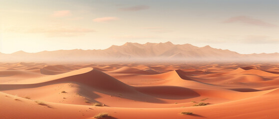 Mgła nad pustynią. Krajobraz pustynny. Wydmy z piasku. Tło w kolorze beżowym pod baner,...