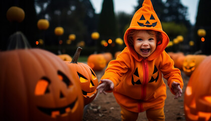 Halloween baby child in a cute pumpkin custome