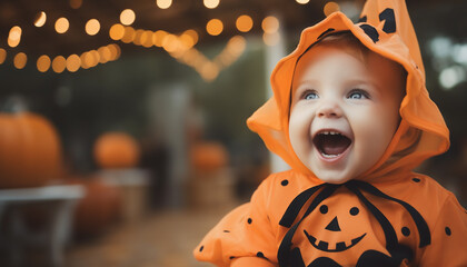 Halloween baby child in a cute pumpkin custome