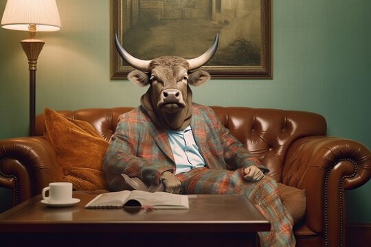 A cow dressed in clothes lies in a sofa