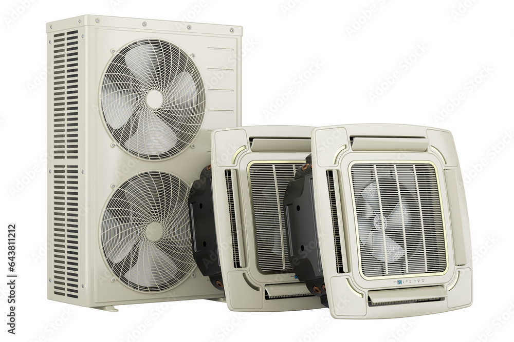 Poster ceiling cassette units with outdoor compressor multi-zone unit. air conditioner system. 3d rendering