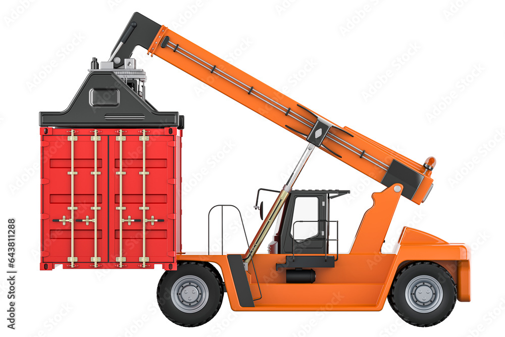 Poster reach stacker with cargo container, 3d rendering isolated on transparent background