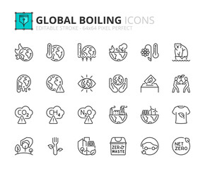Simple set of outline icons about era of global boiling