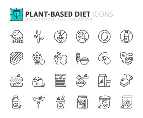 Simple set of outline icons about plant based diet