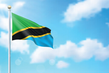 Waving flag of Tanzania on sky background. Template for independence