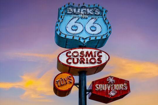 2021-07-23 Tulsa USA. Retro Neon signs on Route 66 through Tulsa OK for souvenir and cosmic  curios  shop