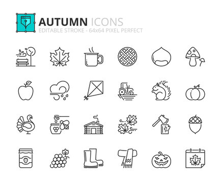 Simple set of outline icons about autumn