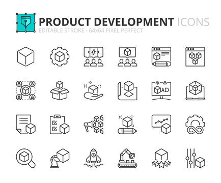 Simple set of outline icons about product development