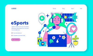 E-sports player web banner or landing page. Character playing video games