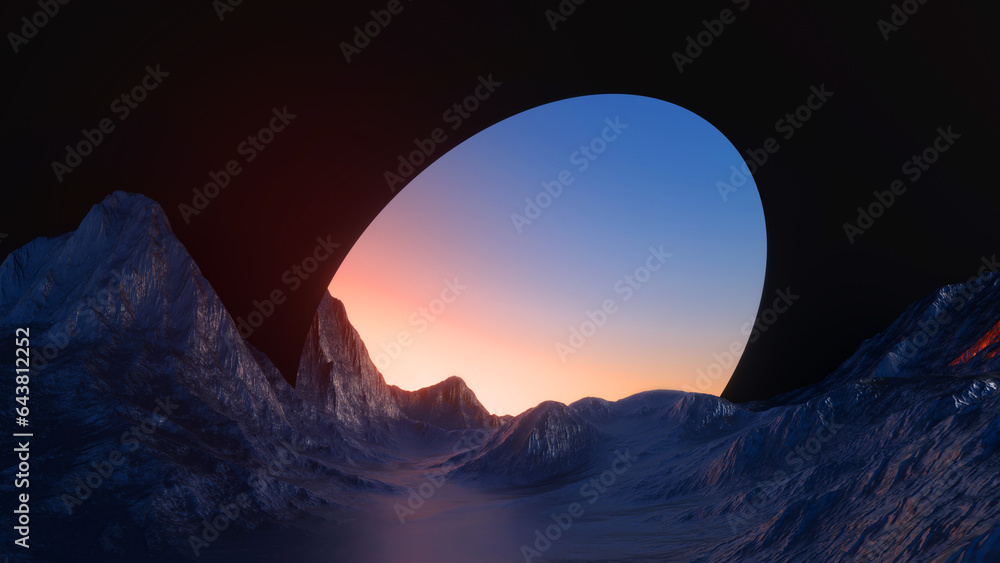 Poster 3d rendering, abstract modern minimal panoramic background with round geometric shape and landscape 