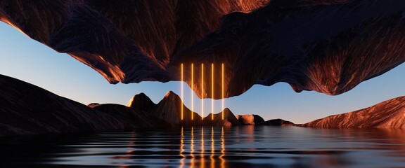 3d rendering, yellow neon vertical lines glowing over the futuristic seascape with cliffs and water. Modern minimal abstract background. Spiritual zen wallpaper with sunset or sunrise light - obrazy, fototapety, plakaty