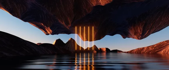 Papier Peint photo autocollant Noir 3d rendering, yellow neon vertical lines glowing over the futuristic seascape with cliffs and water. Modern minimal abstract background. Spiritual zen wallpaper with sunset or sunrise light