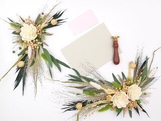 Flatley of flowers on white background, welcome card, business card with space for text, top view. Decor, welcome card. High quality photo
