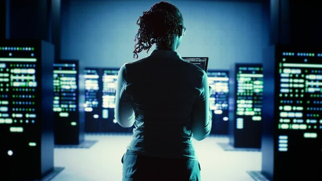 Skillful employee running code on tablet, troubleshooting and upgrading high tech workspace equipment designed to accommodate server units, networking systems and storage arrays