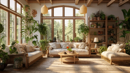 Fototapeta premium Luxurious light-filled living room with stylish furniture, plants, and wealth ambiance.