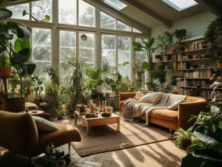Luxurious light-filled living room with stylish furniture, plants, and wealth ambiance.